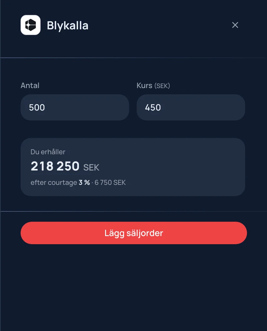 Säljorder i Eqvor-appen: antal, kurs och vad du erhåller efter courtage