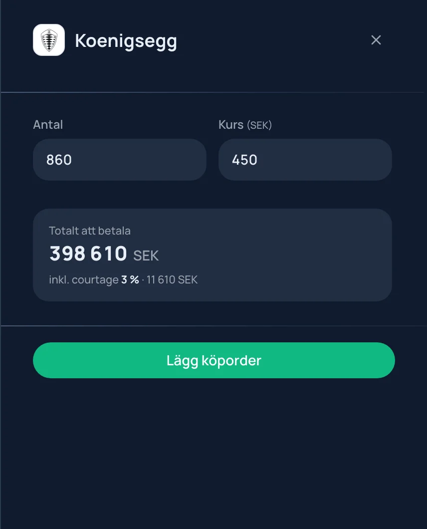 Köporder i Eqvor-appen: antal, kurs och totalt att betala inklusive courtage
