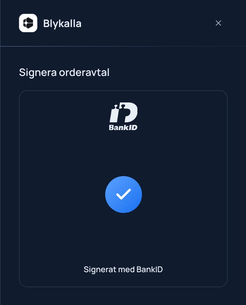 Orderavtalet signerat med BankID i Eqvor-appen