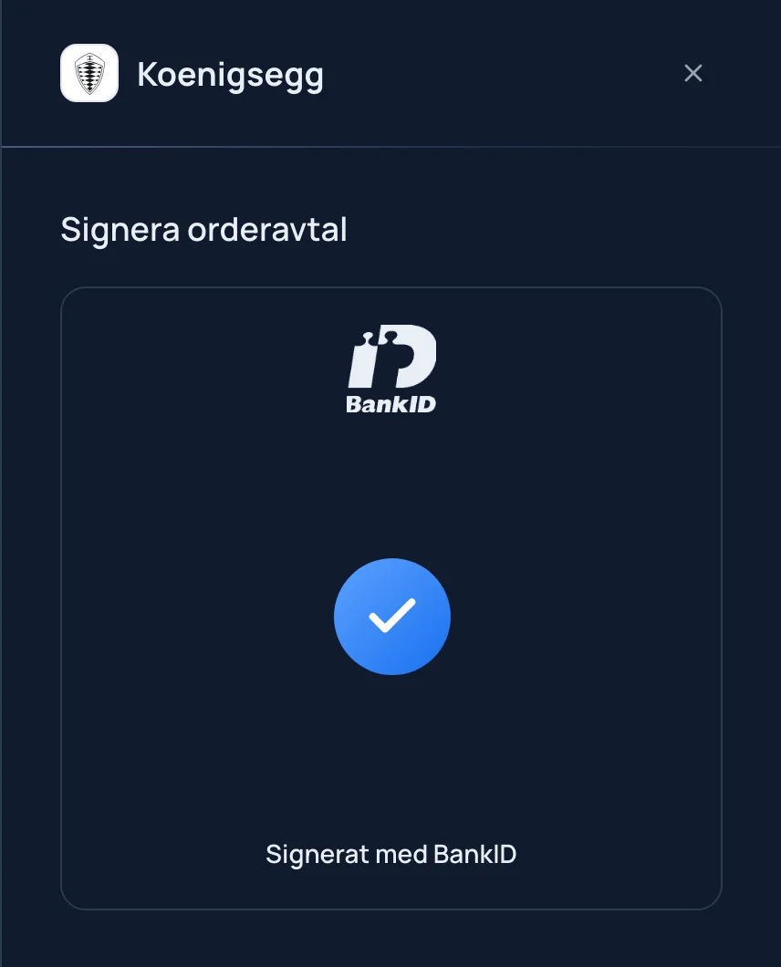 Orderavtalet signerat med BankID i Eqvor-appen