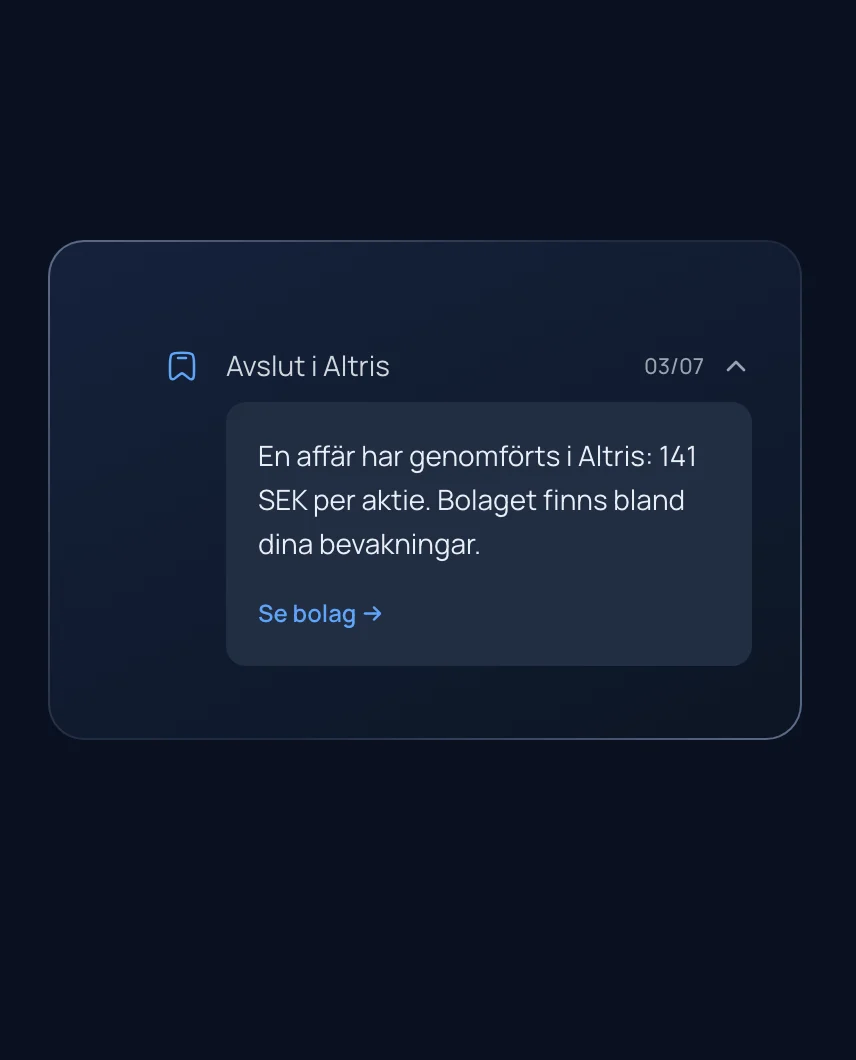 En bevakningsnotis i Eqvor-appen: ett avslut i ett bolag du följer