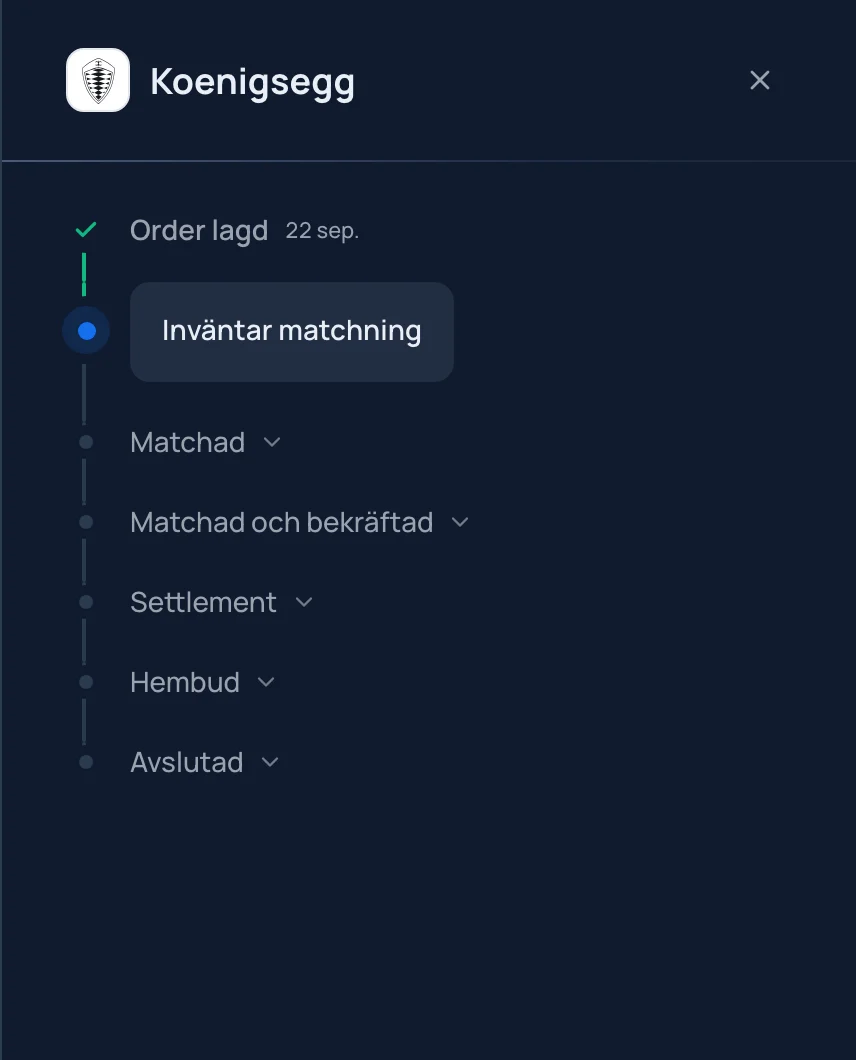 Orderns status i Eqvor-appen: order lagd, inväntar matchning, fram till avslutad