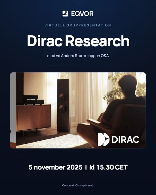Affisch för gruppresentationen med Dirac Research, 5 november 2025.