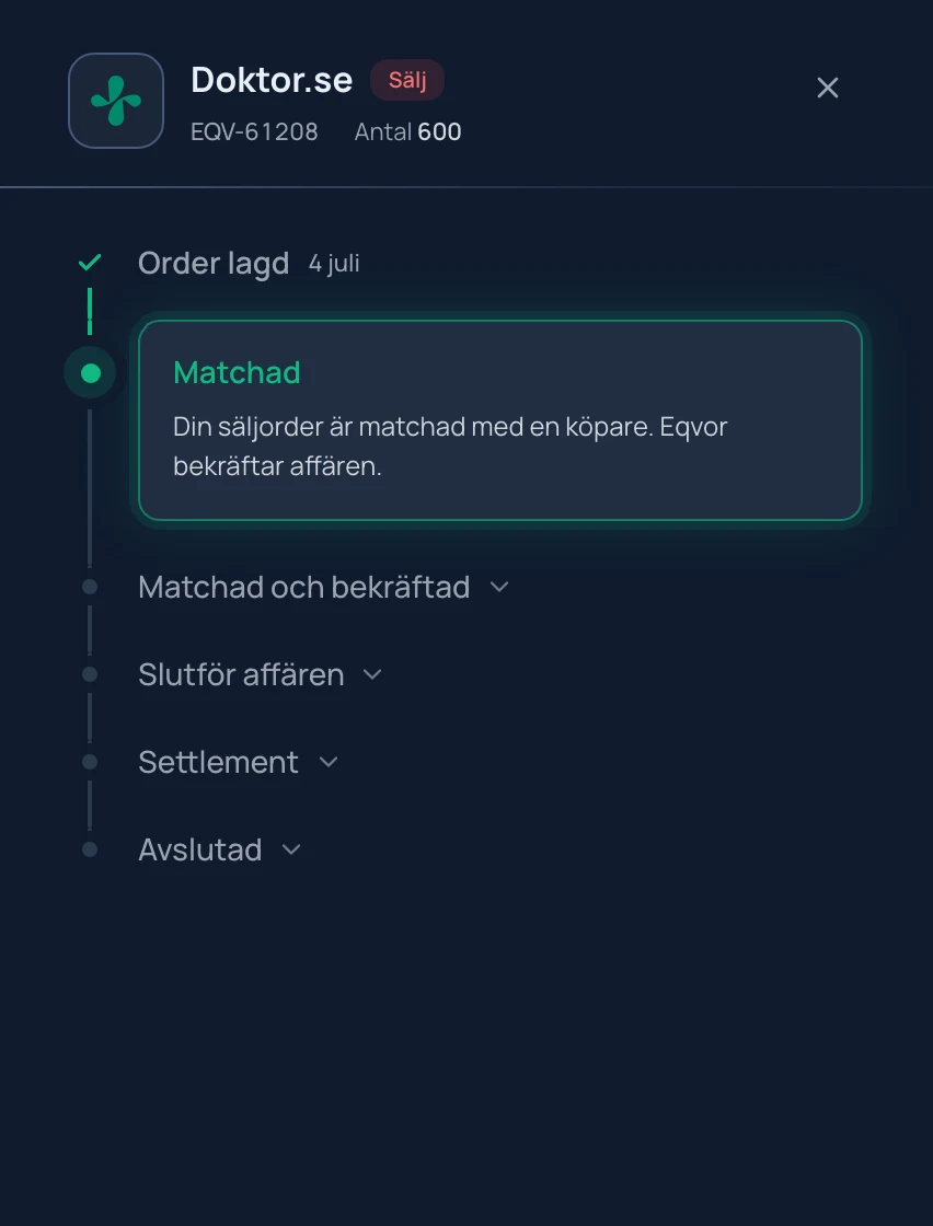 En säljorder i Doktor.se som just har matchats med en köpare i Eqvor-appen