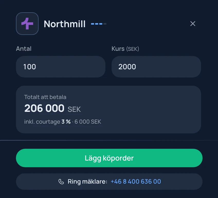 Köporder i Northmill i Eqvor-appen: antal, kurs, totalt att betala och Lägg köporder