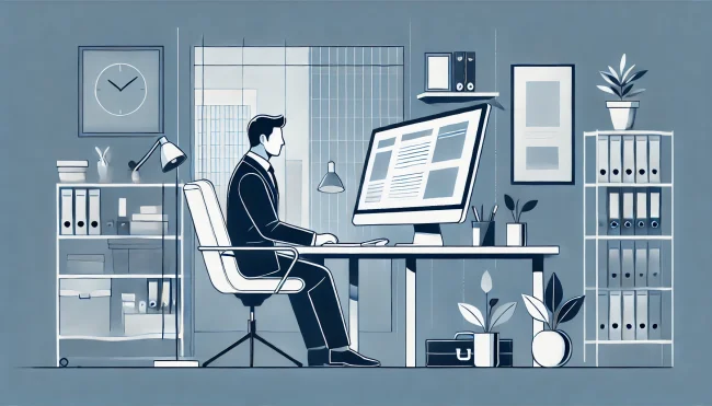 man vid ett skrivbord som värderar ett företag