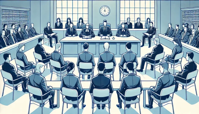 en grupp personer sitter framför en jury och ska ansöka om rekonstruktion