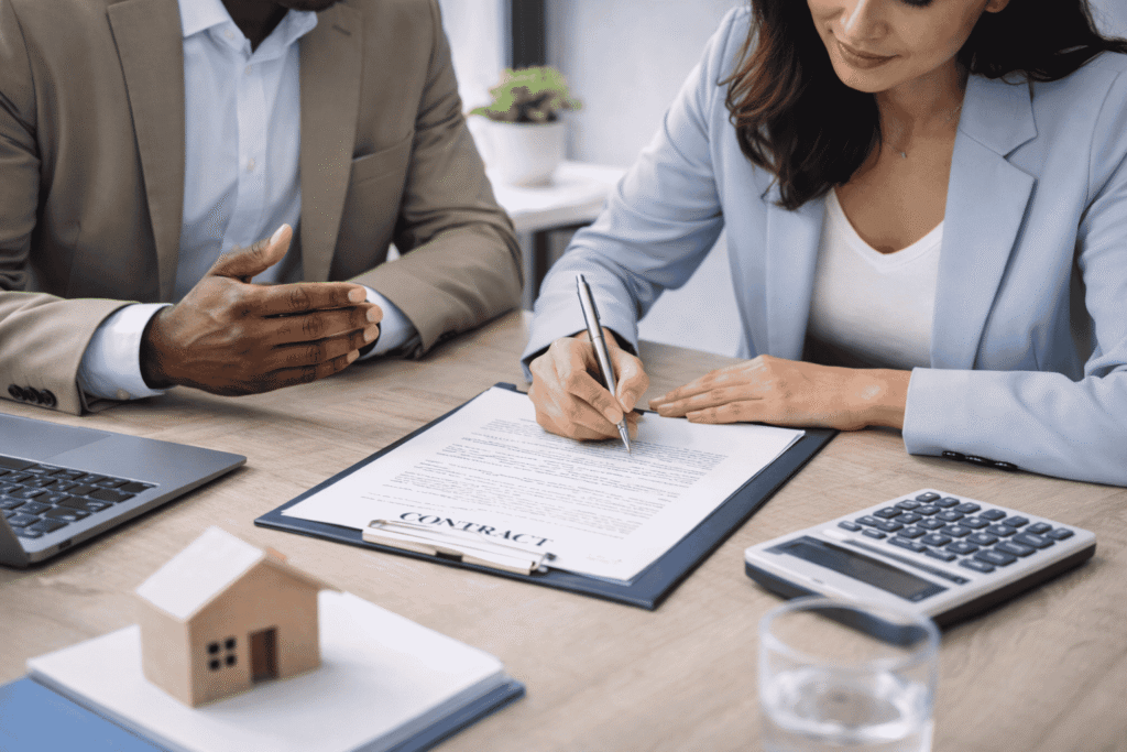 2 personer. 1 person skriver på kontrakt för överlåtelseavtal för onoterade aktier.