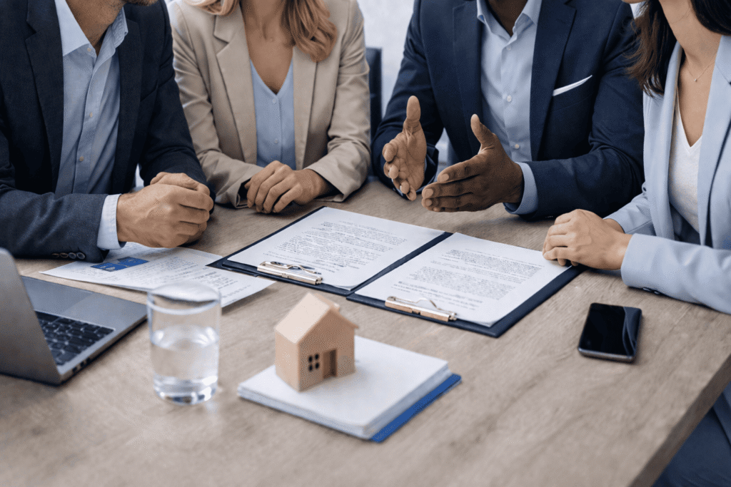 4 personer har möte och diskuterar överlämnandet