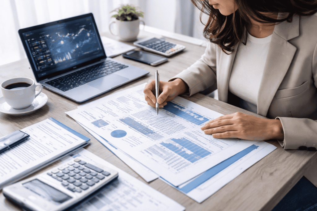 Kvinna sitter vid ett skrivbord och försöker räkna ut sin skatt