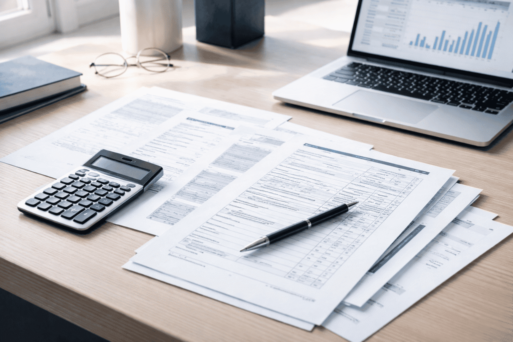 skrivbord med papper, penna osv.