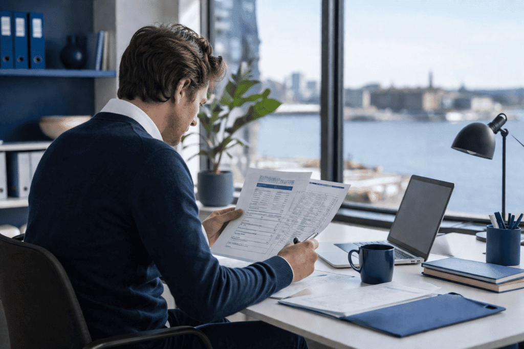 Man vid sitt skrivbord som tittar igenom sina dokument.