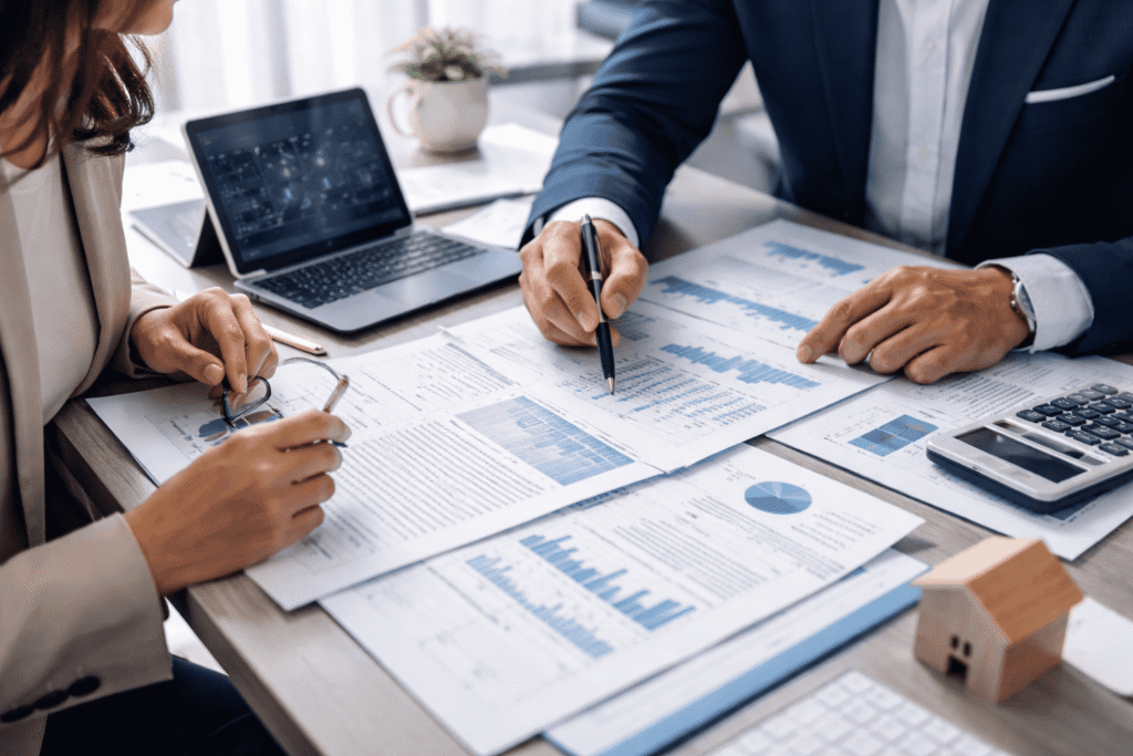 2 personer utför uträkningar för skatten sittandes tillsammans vid ett skrivbord