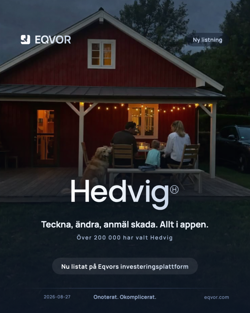 Hedvig listas på Eqvor — familj med hund vid middagsbord på en veranda i skymning