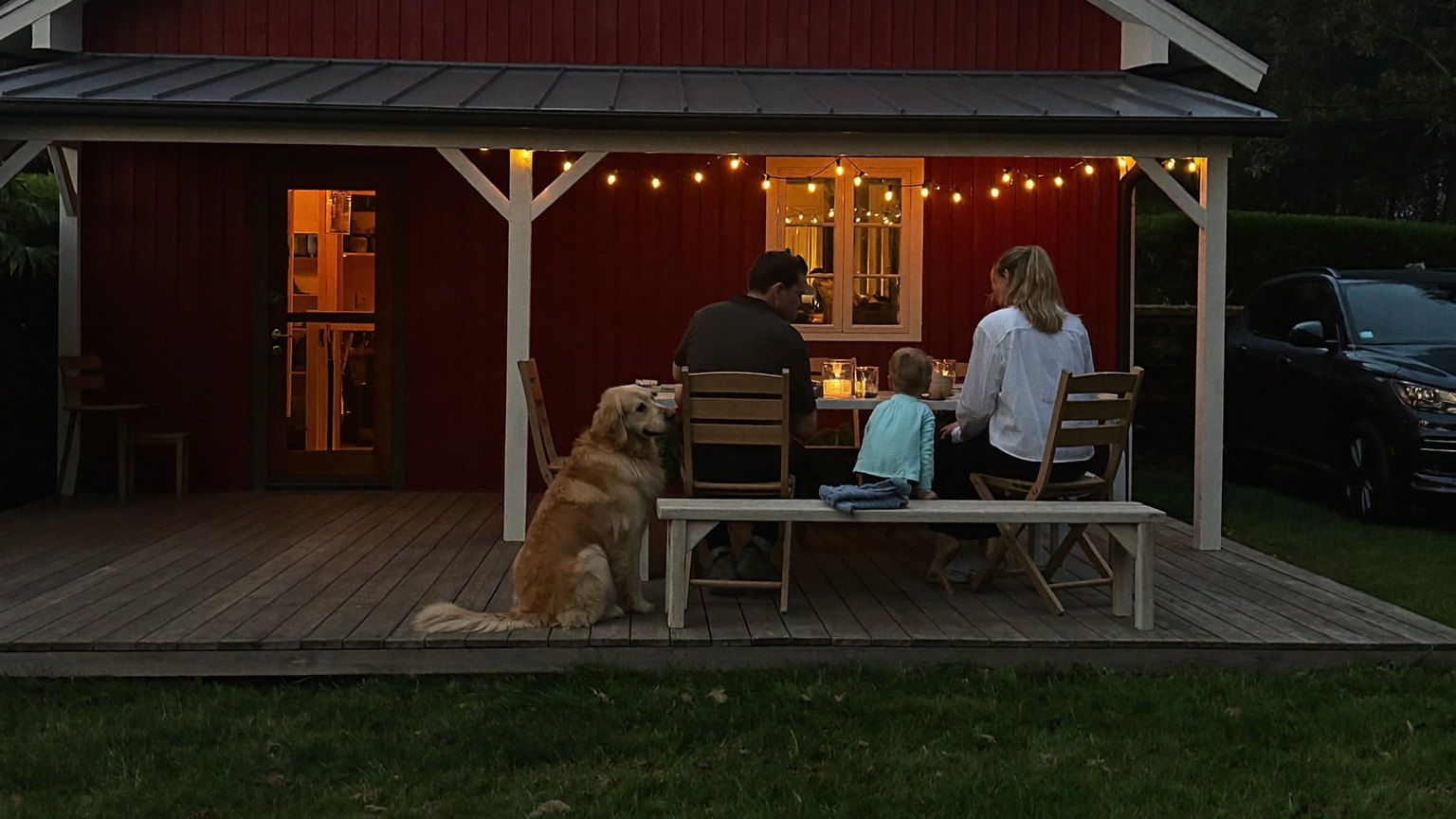 Familj med hund vid middagsbord p&aring; verandan till ett r&ouml;tt hus i skymning