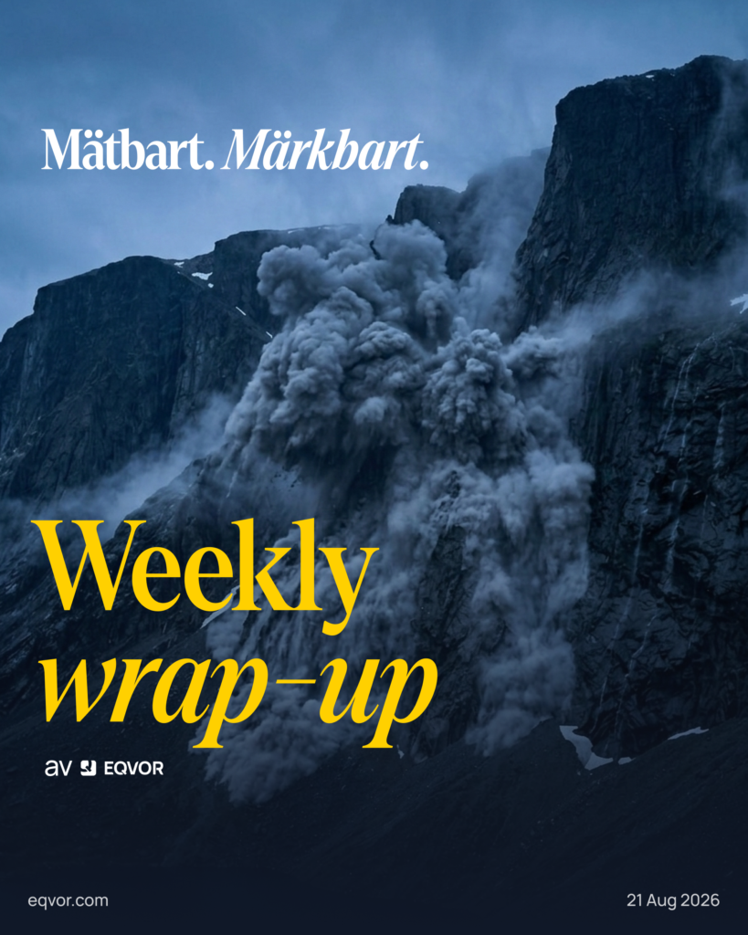 Weekly Wrap-Up 21 augusti 2026 — Mätbart. Märkbart. Mörk fjällbild med gul rubriktypografi.
