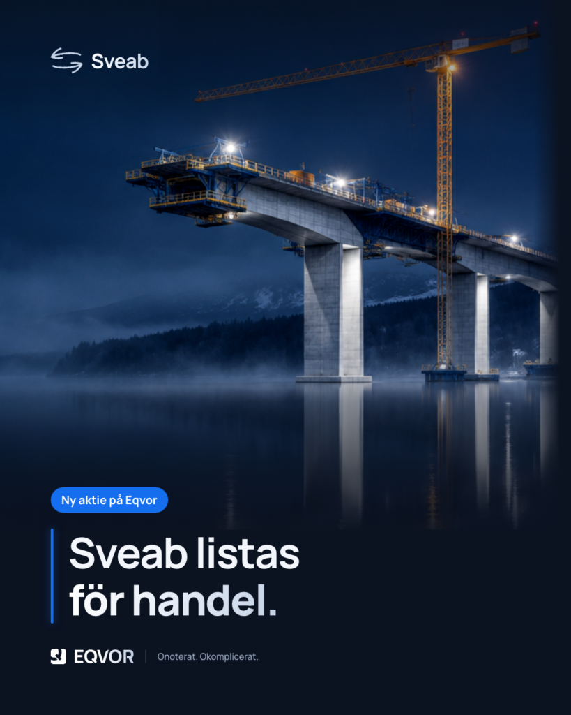 Sveab listas för handel på Eqvor. Bro under byggnation i blå timmen.