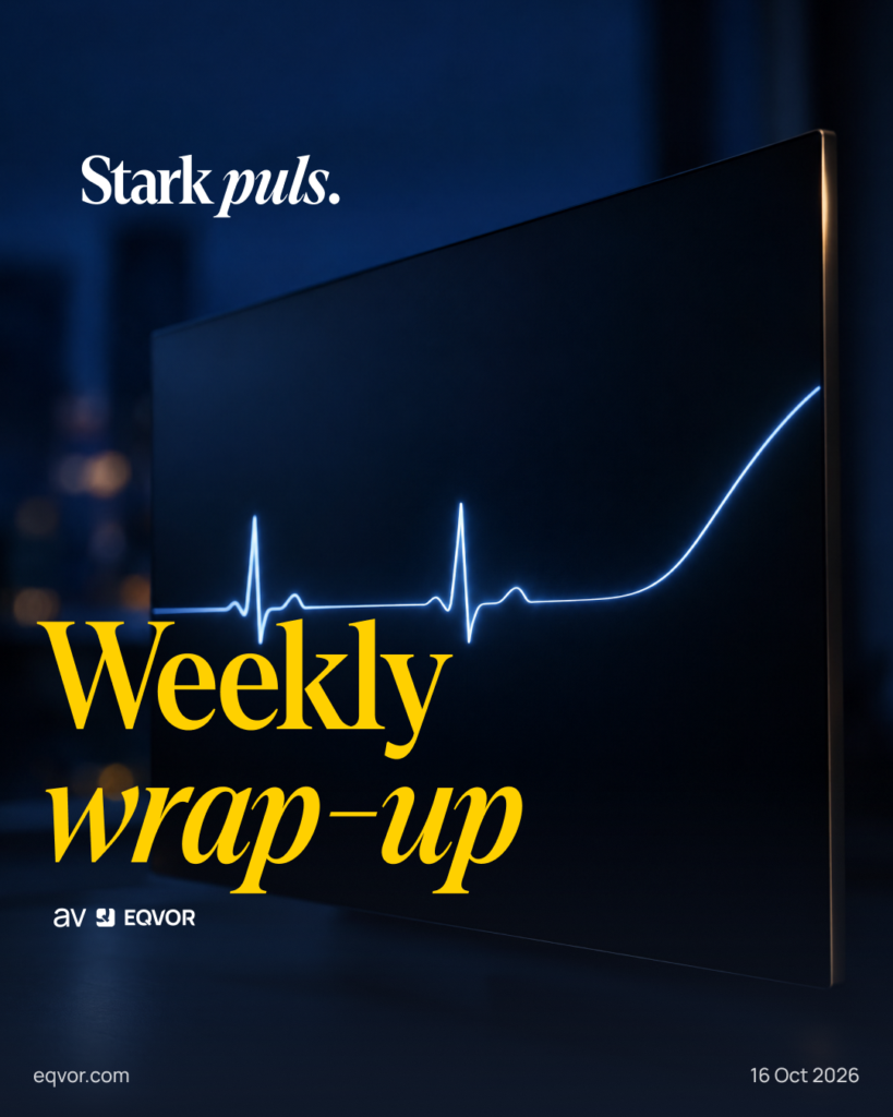 Weekly Wrap-Up: Stark puls. En modern skärm med en EKG-kurva som stiger, mot mörk navy.
