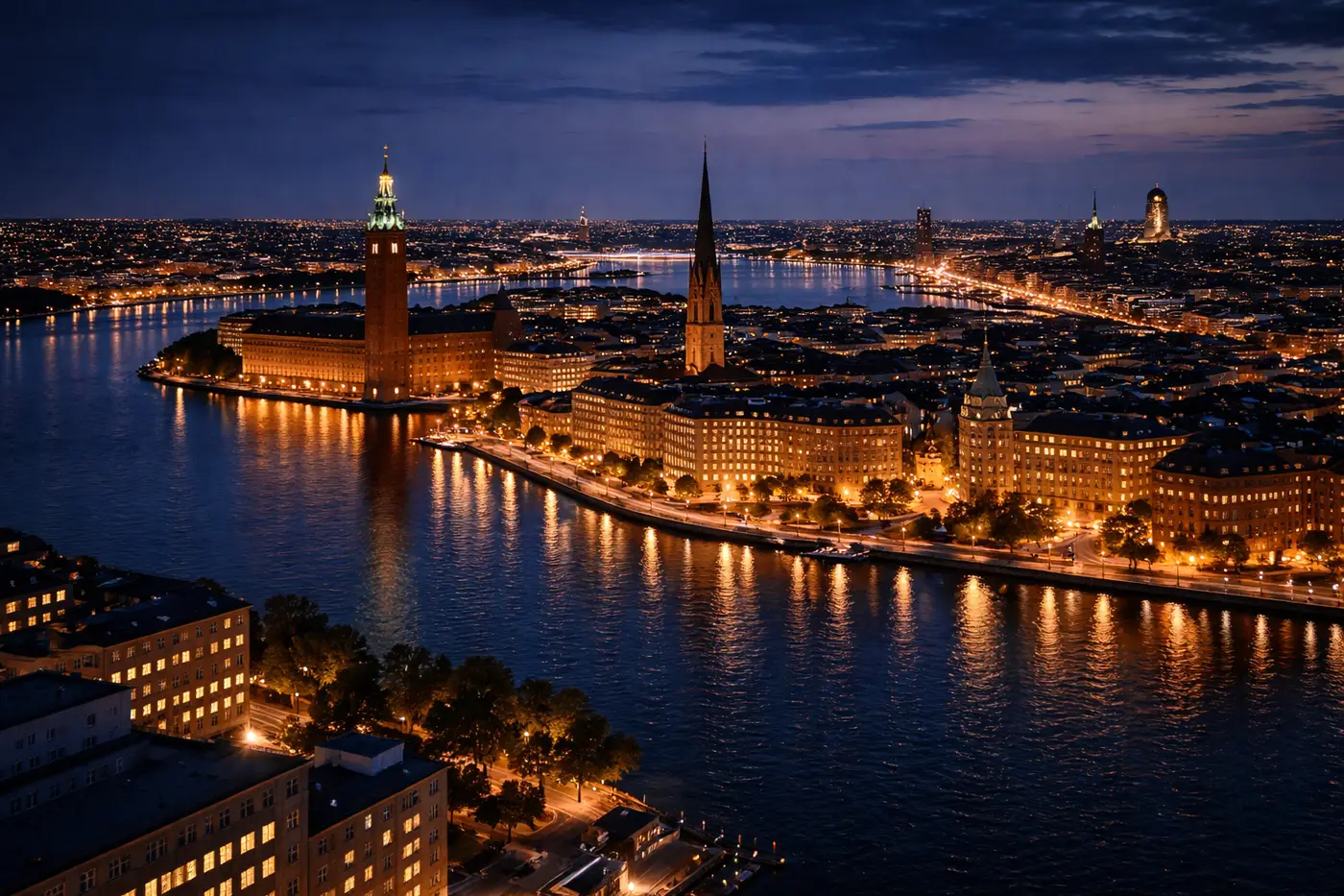 Stockholm at dusk, seen across the water towards the City Hall and Riddarholmen.