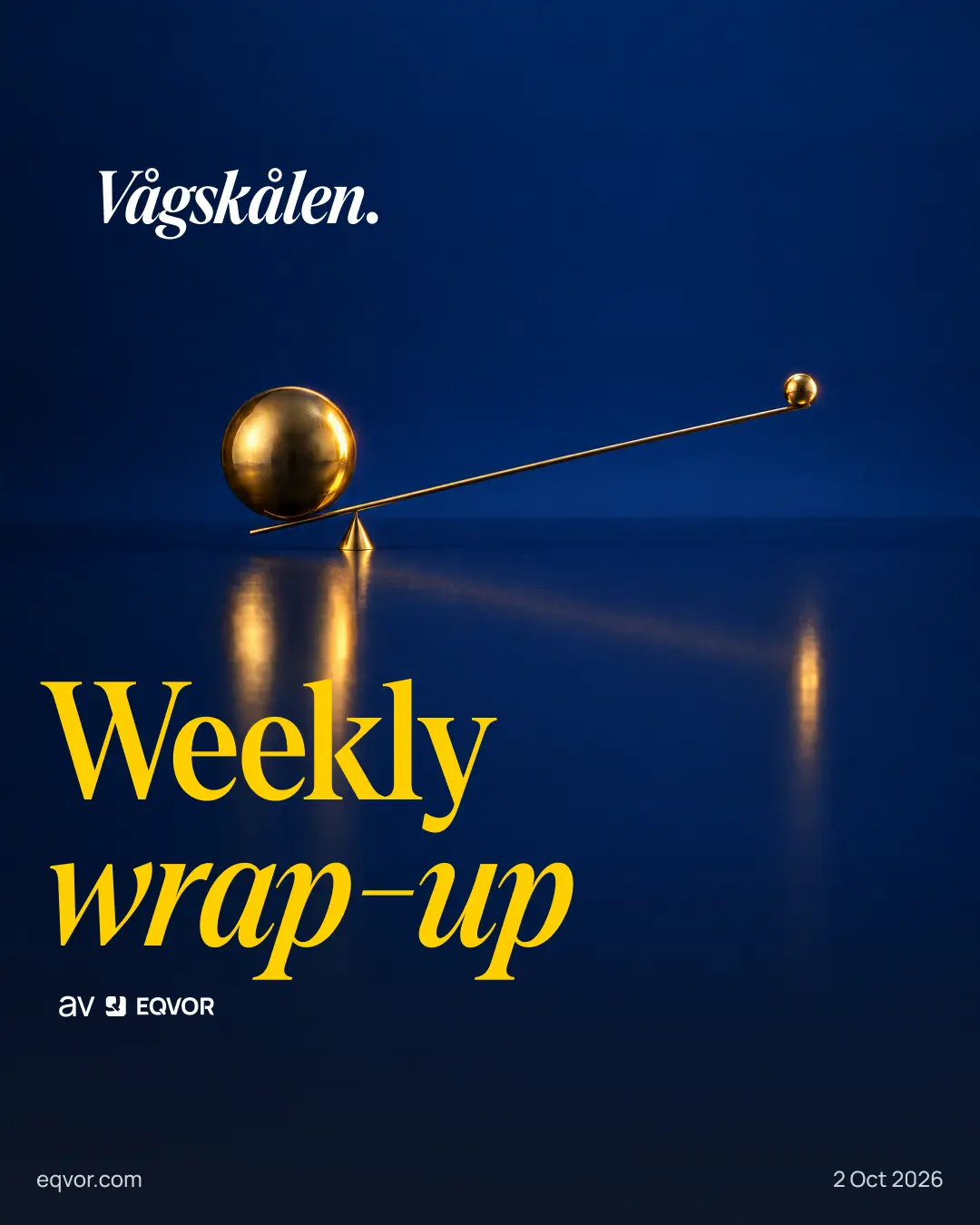 Weekly Wrap-Up: Vågskålen. En mässingsbalk i balans med ett stort och ett litet klot mot navyblå bakgrund.