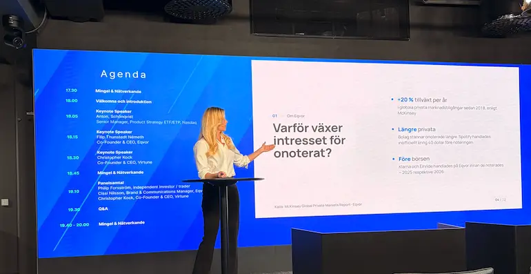 Eqvor presenterar framför kvällens agenda på Rummet innan börsen hos Nasdaq.