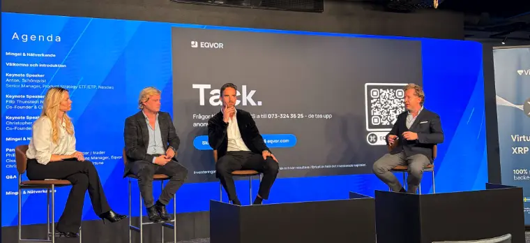 Panelsamtalet på scen framför Eqvors slutbild på Rummet innan börsen hos Nasdaq.